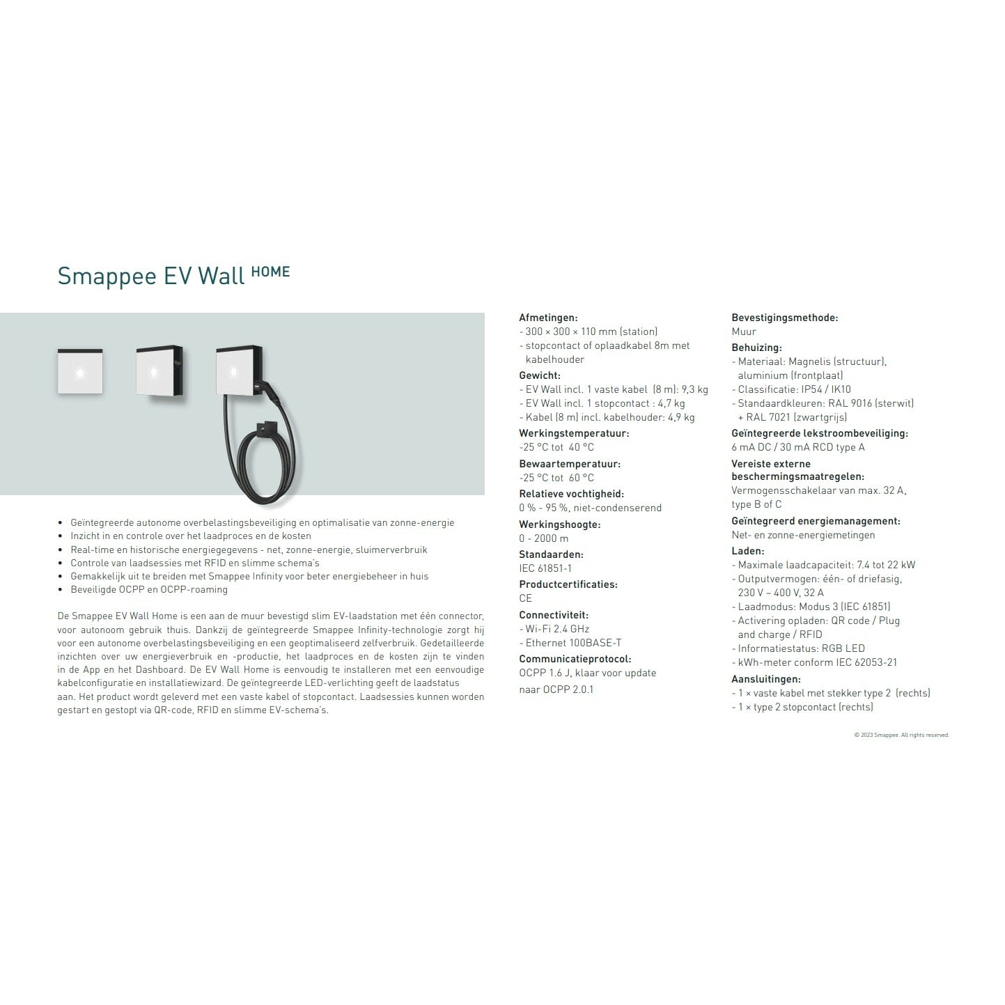 Smappee EV Wall Home 1-fase max. 7.4kW - met vaste kabel