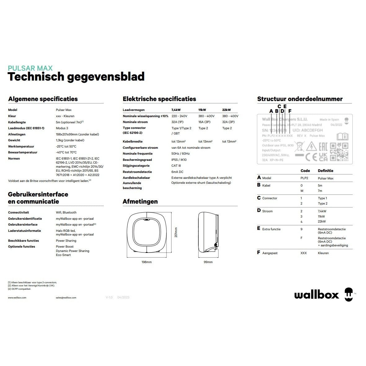 Pulsar Max 22kW incl. 7 m laadkabel type 2 - wit - Ecowatts.be